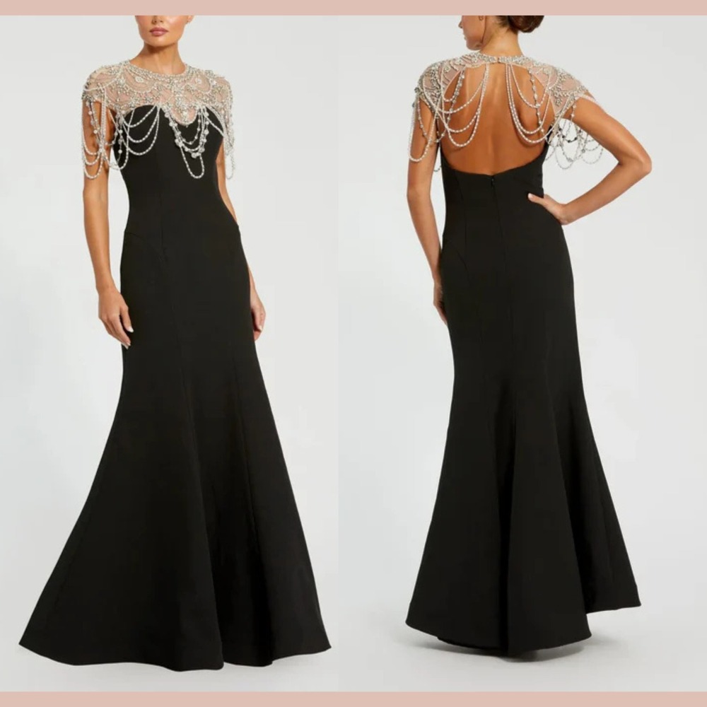 Mac Duggal Black Evening Gown with Crystal Pearl Beaded Capelet